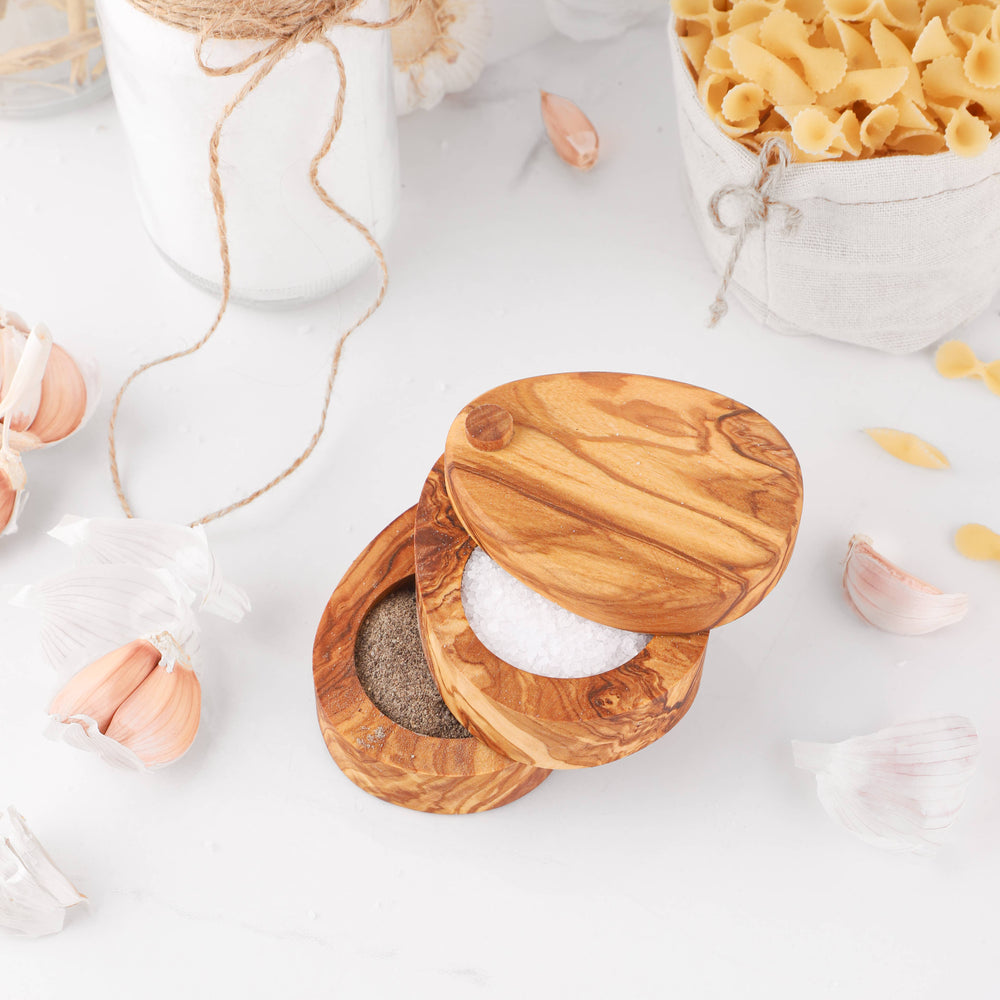 
                  
                    Handmade Olive Wood Salt & Pepper Cellar – Double Layer
                  
                