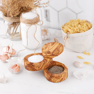 
                  
                    Handmade Olive Wood Salt & Pepper Cellar – Double Layer
                  
                
